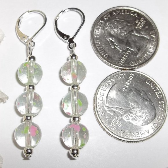 Clear Pink & Green Earring Set Handmade NWT 5146 - Picture 2 of 8